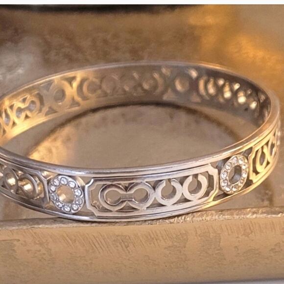 Coach Rare Silver & Crystal Cut-Out Bangle Bracelet with Dust Bag EUC MSRP $150 - Picture 4 of 10